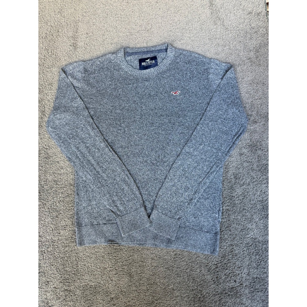 Hollister Mens Crewneck Sweater Grey Heathered Knit Long Sleeve Logo Medium
